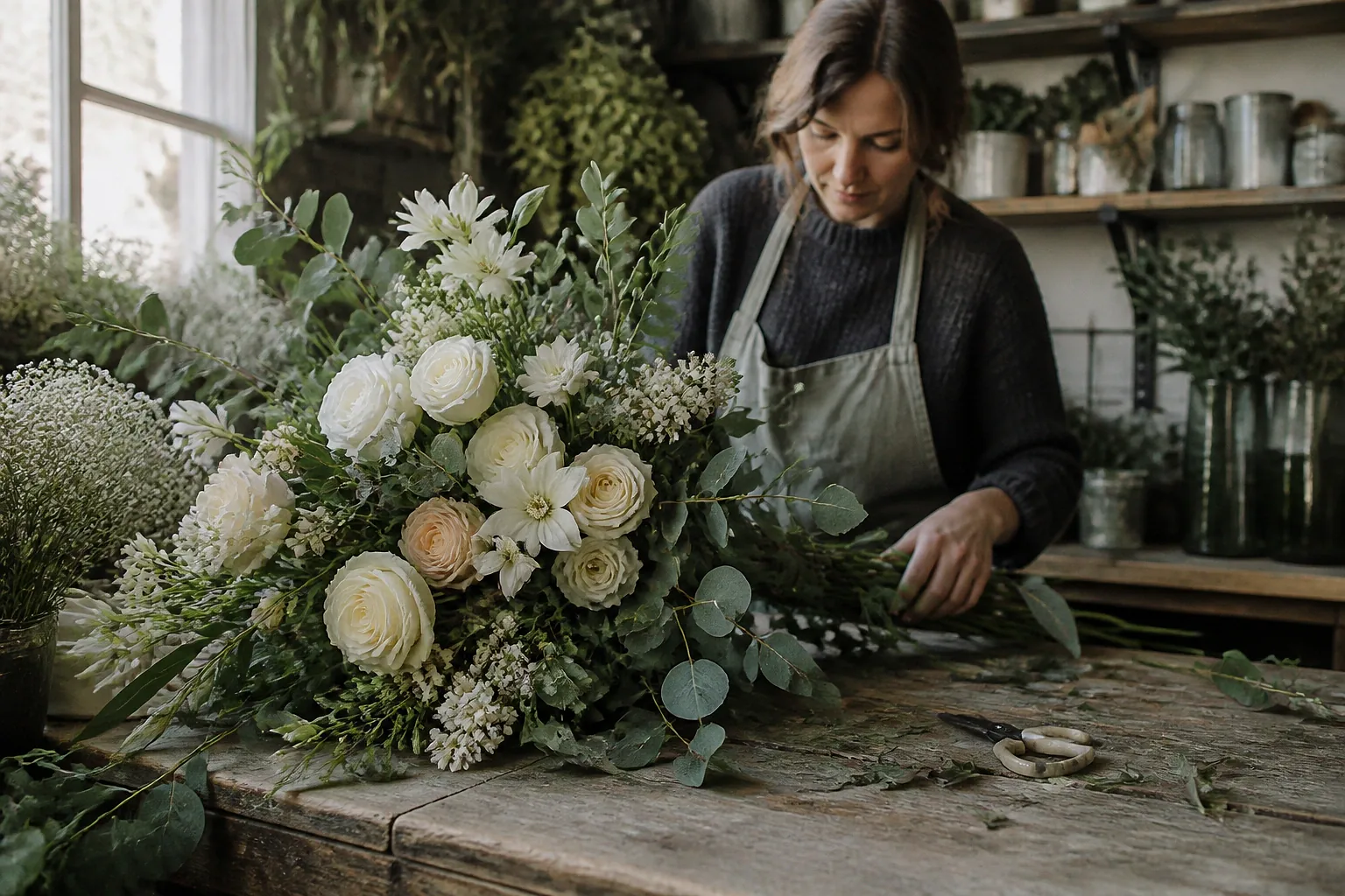 Préparation florale pour un mariage — illustration générée par IA