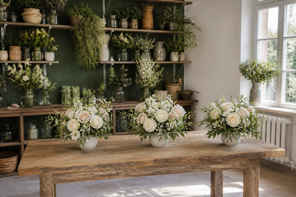 Préparation florale pour un mariage — illustration générée par IA