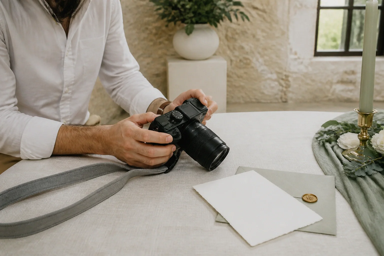 Appareil photo et accessoires de reportage de mariage — illustration générée par IA