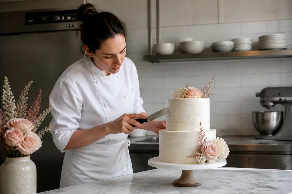 Gâteau de mariage préparé dans un atelier — illustration générée par IA