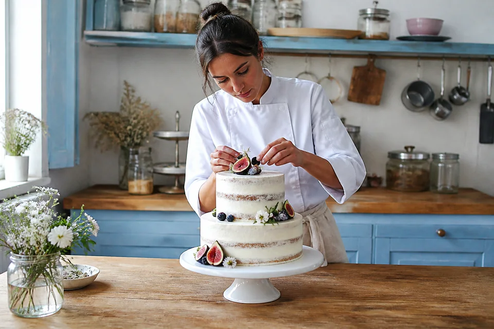 Gâteau de mariage préparé dans un atelier — illustration générée par IA