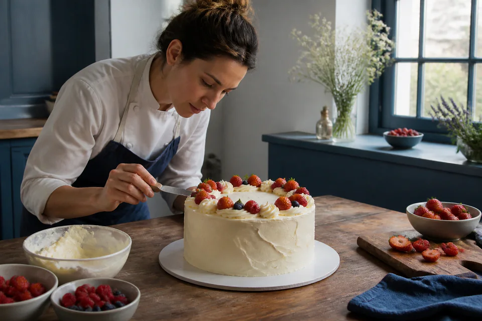 Gâteau de mariage préparé dans un atelier — illustration générée par IA