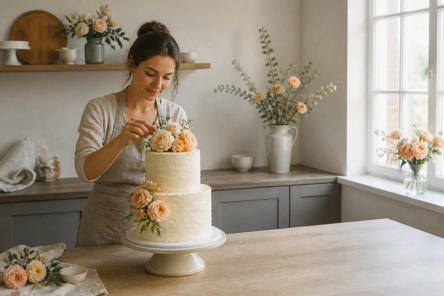 Gâteau de mariage préparé dans un atelier — illustration générée par IA