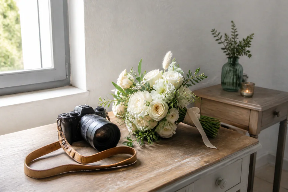Appareil photo et accessoires de reportage de mariage — illustration générée par IA