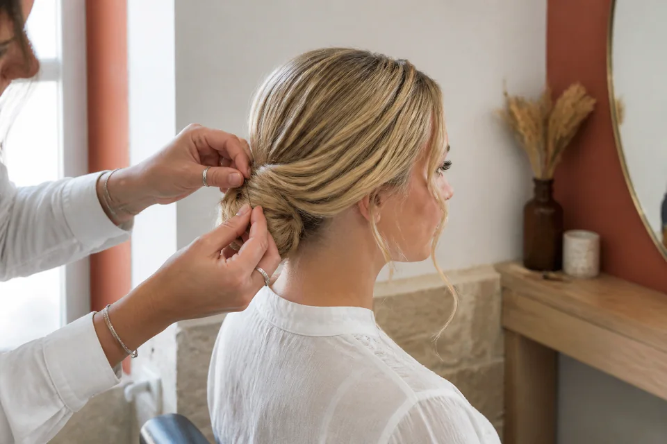 Coiffure de cérémonie vue pendant la préparation — illustration générée par IA