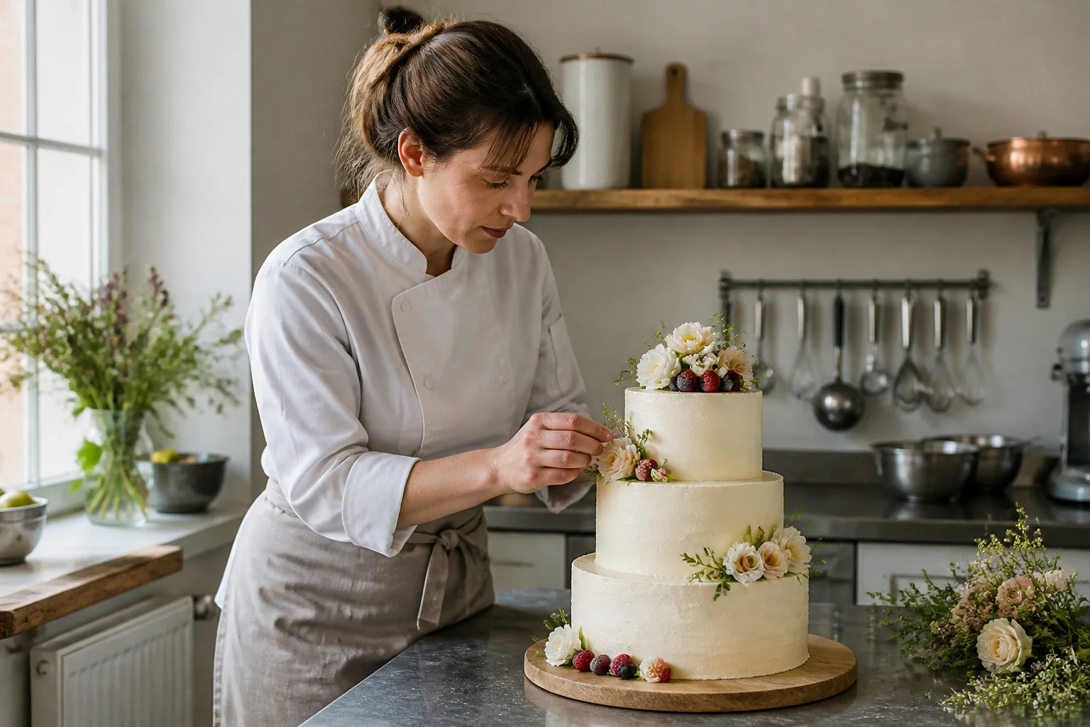 Gâteau de mariage préparé dans un atelier — illustration générée par IA