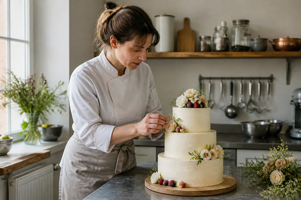 Gâteau de mariage préparé dans un atelier — illustration générée par IA