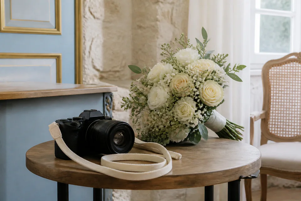 Appareil photo et accessoires de reportage de mariage — illustration générée par IA