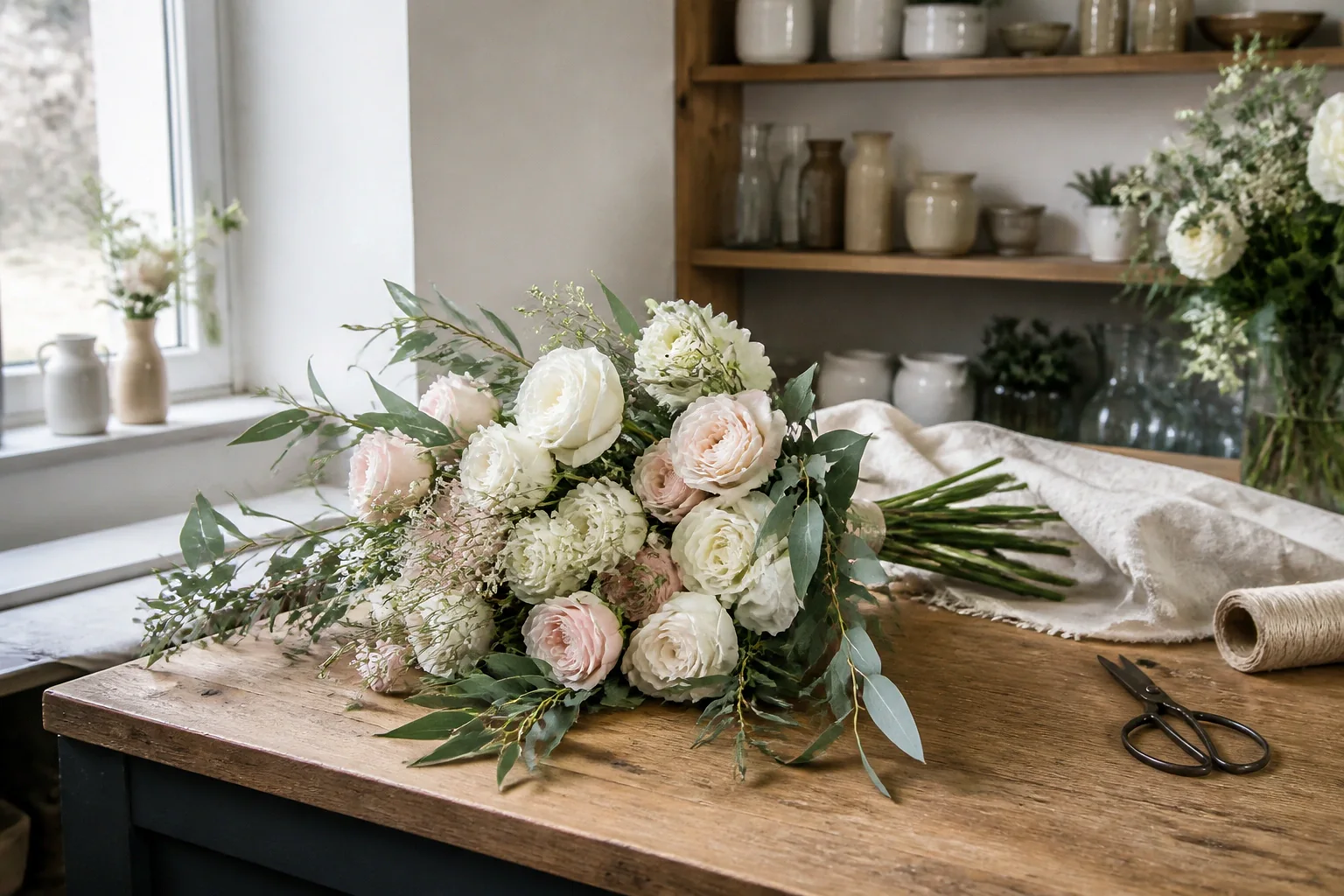 Préparation florale pour un mariage — illustration générée par IA