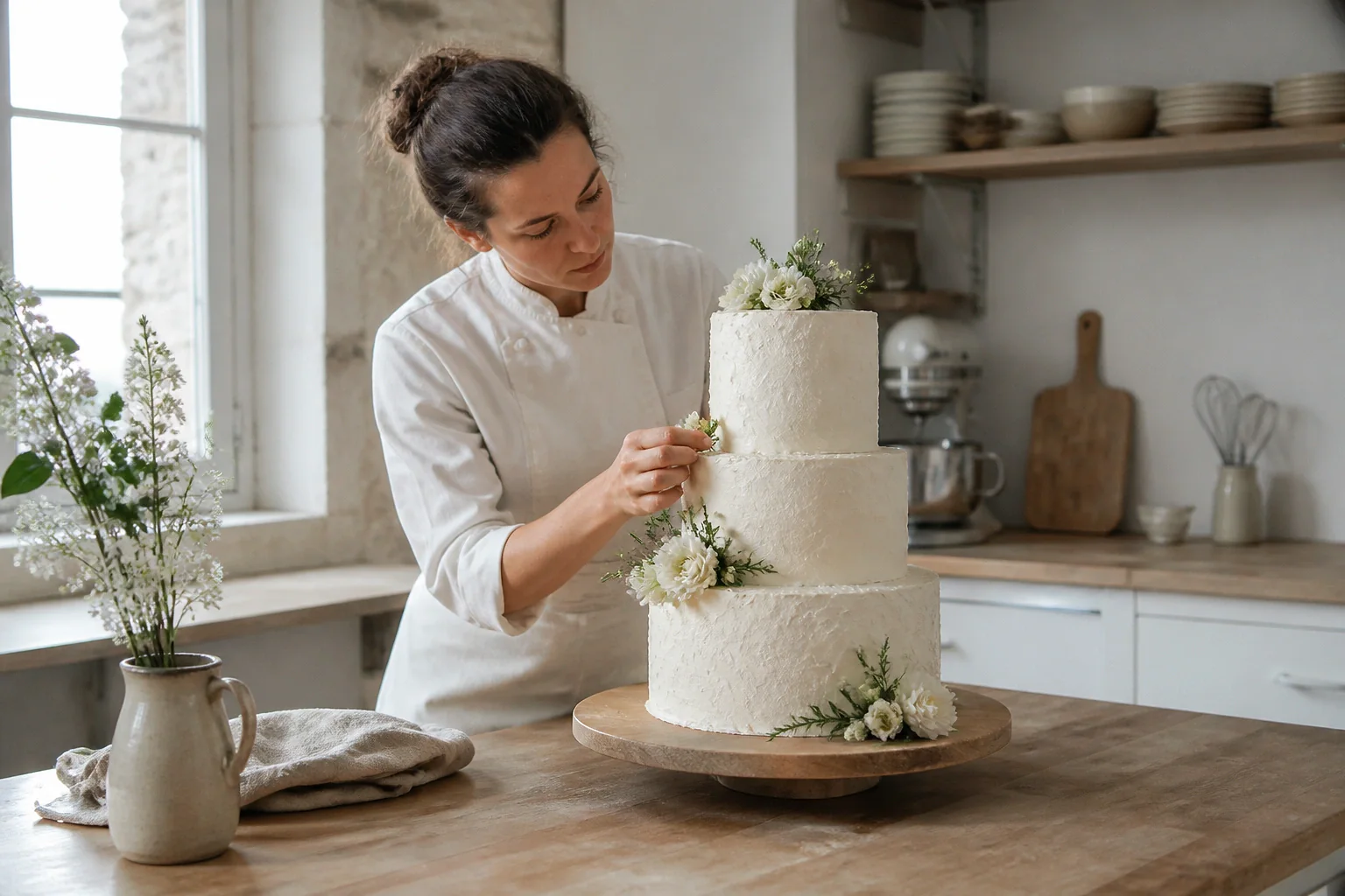 Gâteau de mariage préparé dans un atelier — illustration générée par IA