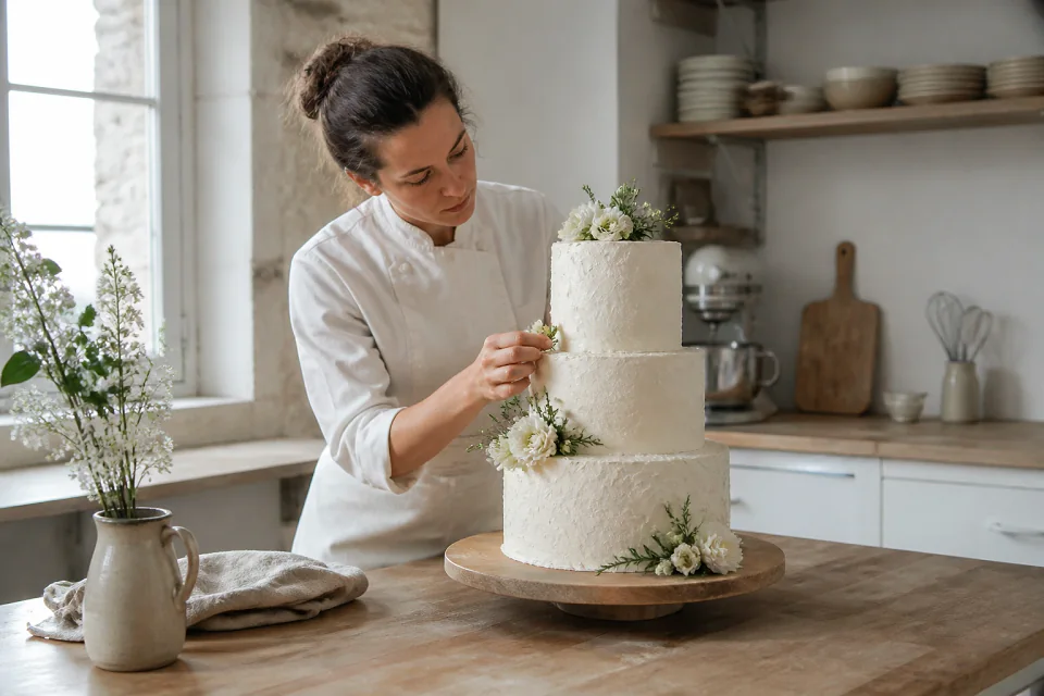 Gâteau de mariage préparé dans un atelier — illustration générée par IA