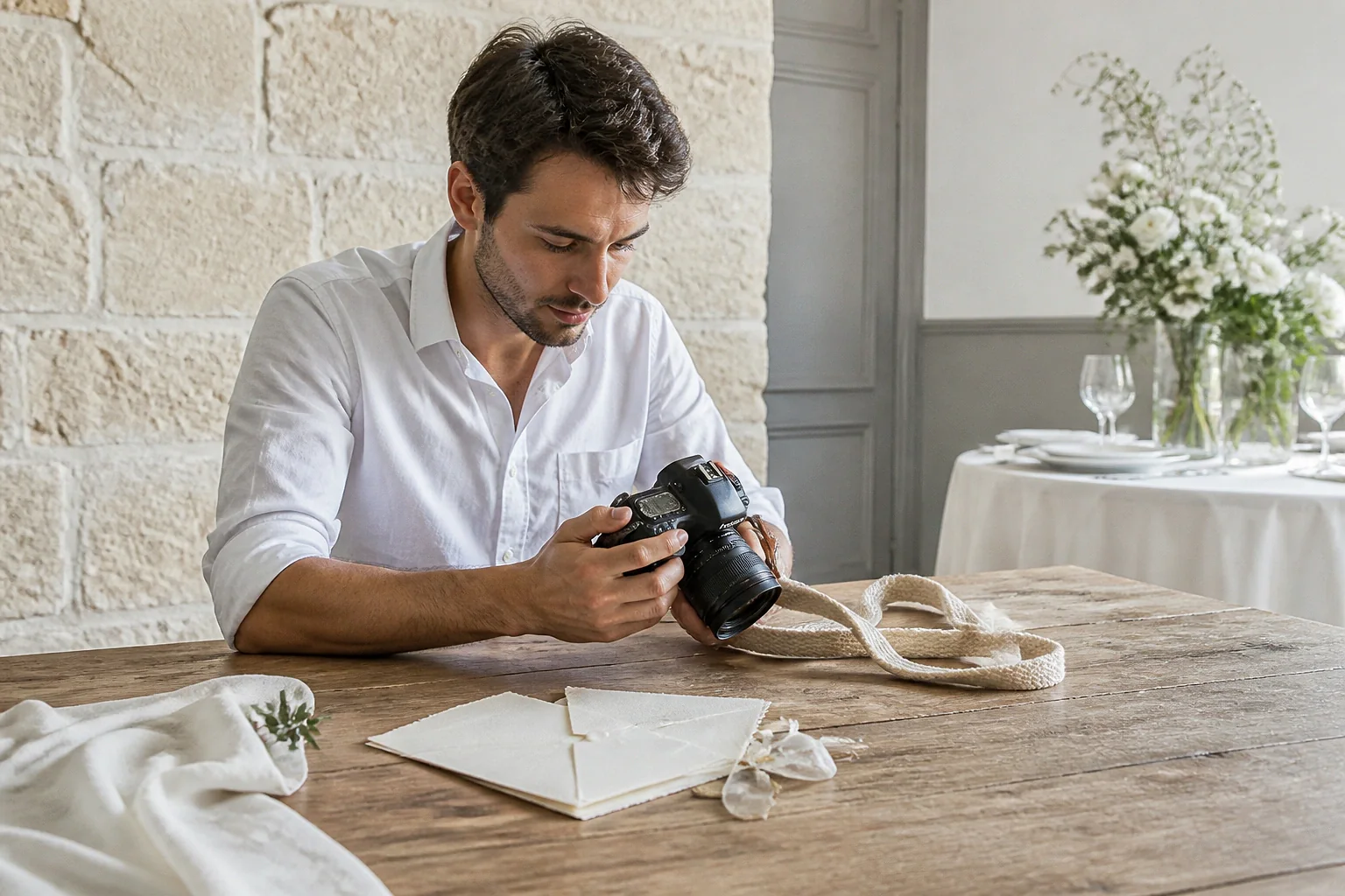 Appareil photo et accessoires de reportage de mariage — illustration générée par IA