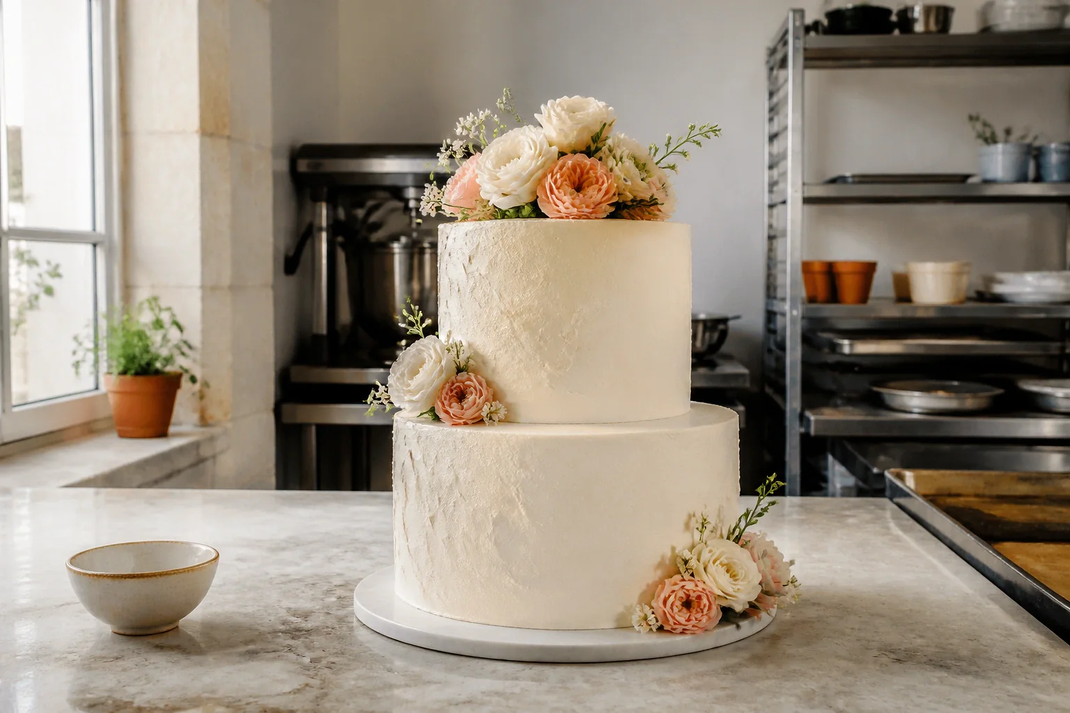 Gâteau de mariage préparé dans un atelier — illustration générée par IA