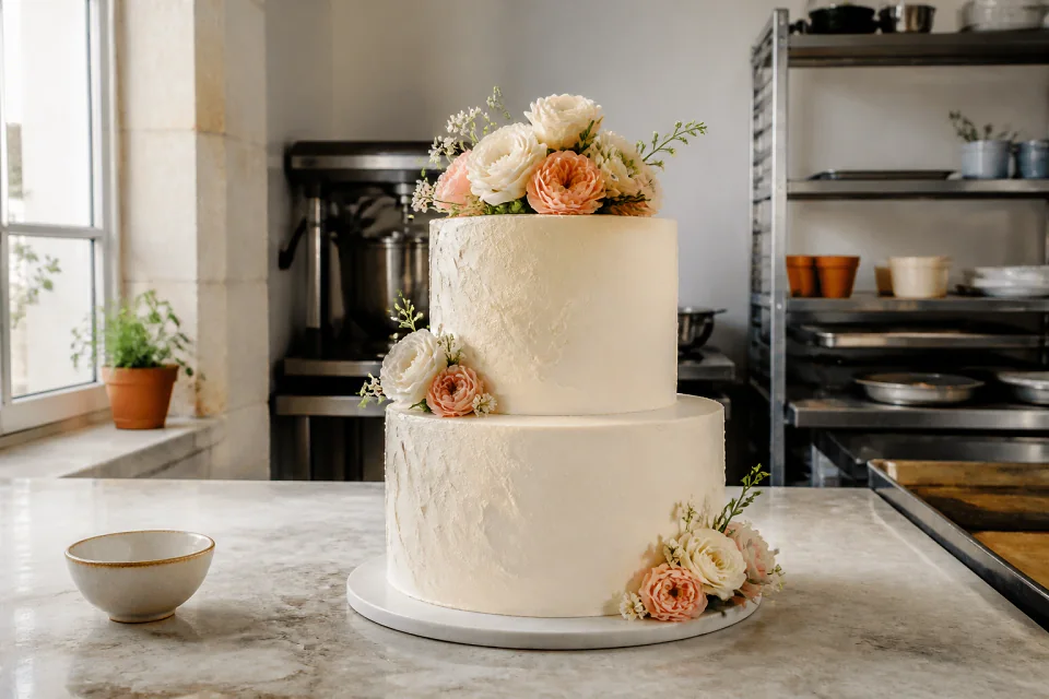 Gâteau de mariage préparé dans un atelier — illustration générée par IA