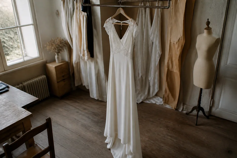 Robe de mariée dans un atelier de confection — illustration générée par IA