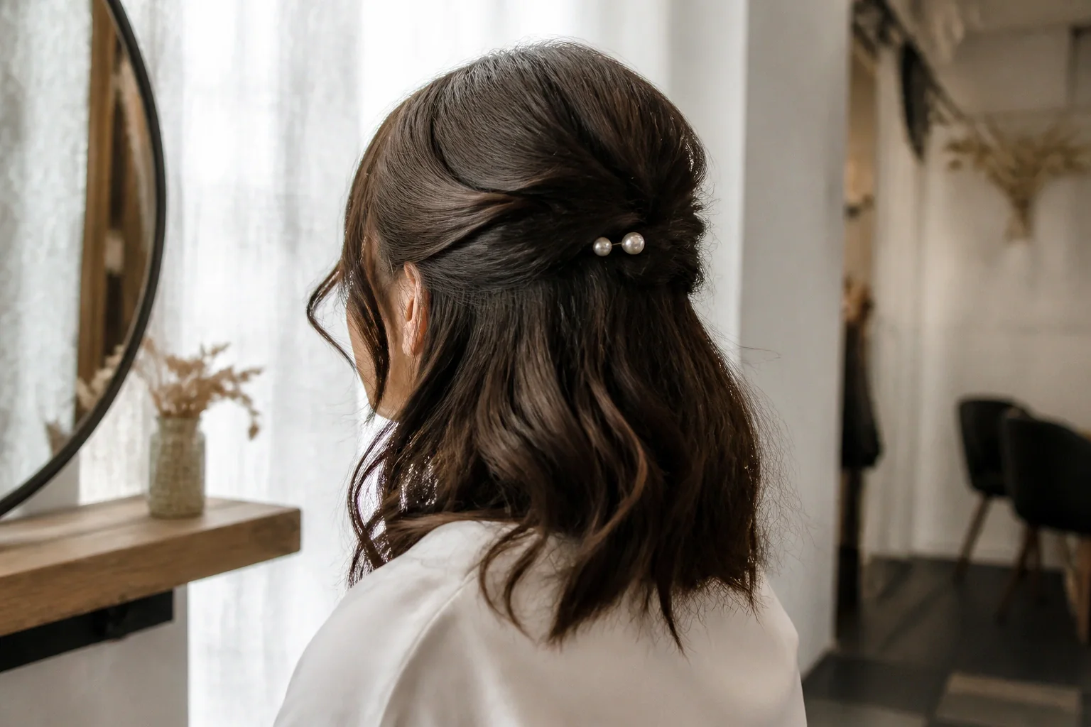 Coiffure de cérémonie vue pendant la préparation — illustration générée par IA