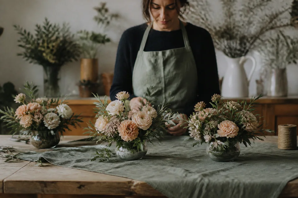 Préparation florale pour un mariage — illustration générée par IA