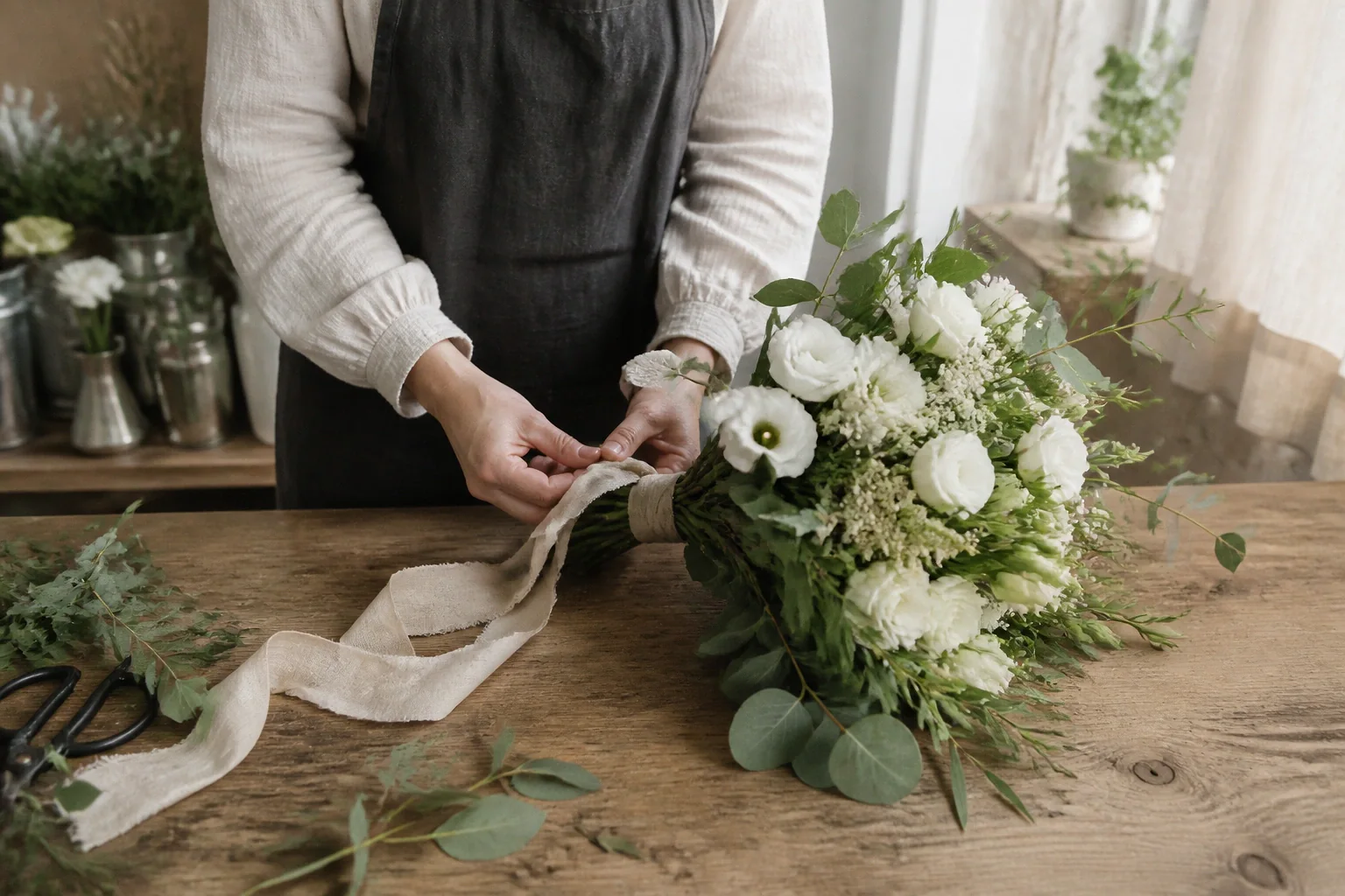 Préparation florale pour un mariage — illustration générée par IA