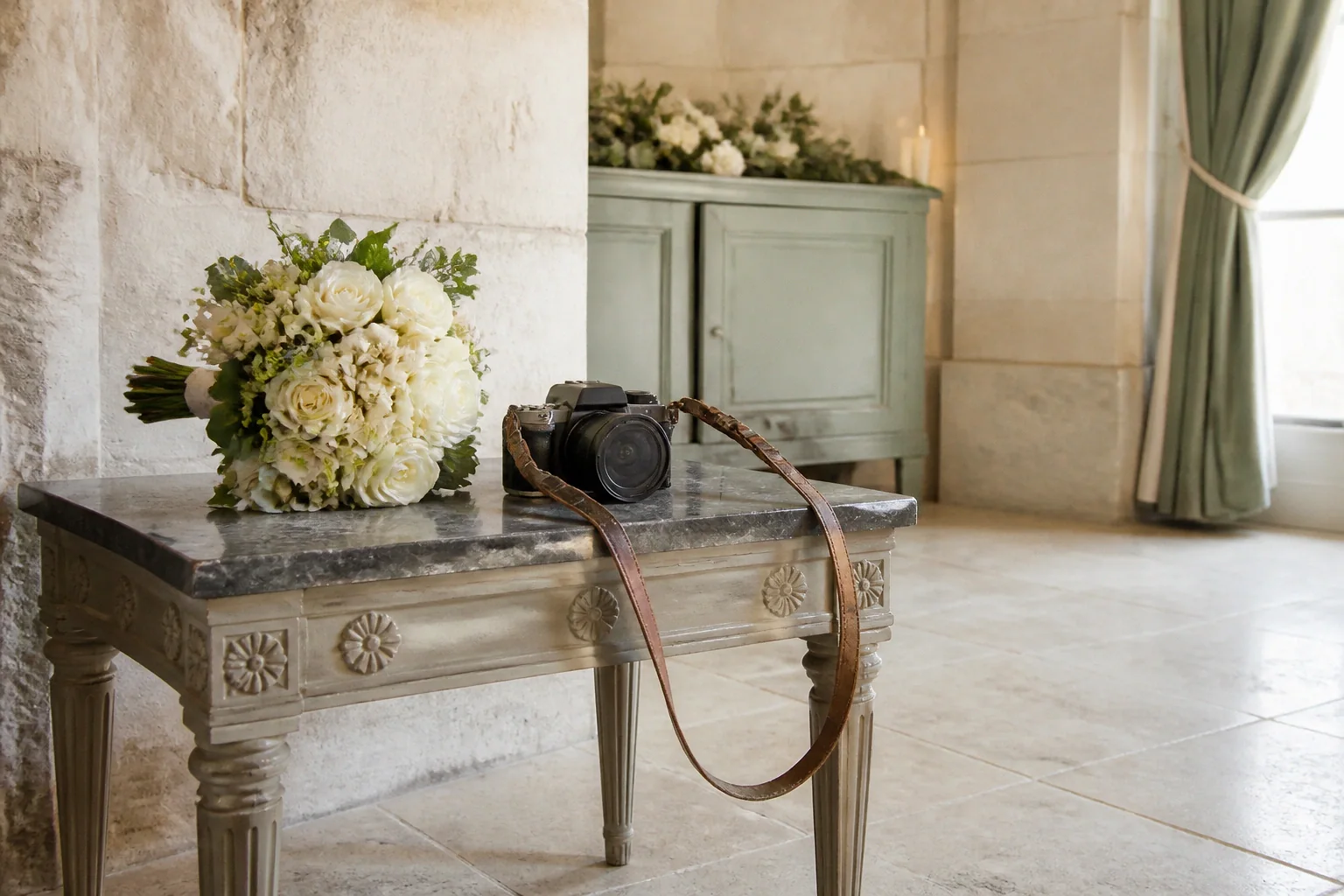 Appareil photo et accessoires de reportage de mariage — illustration générée par IA