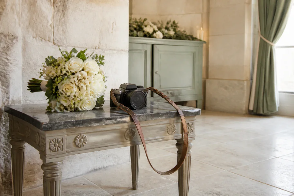 Appareil photo et accessoires de reportage de mariage — illustration générée par IA