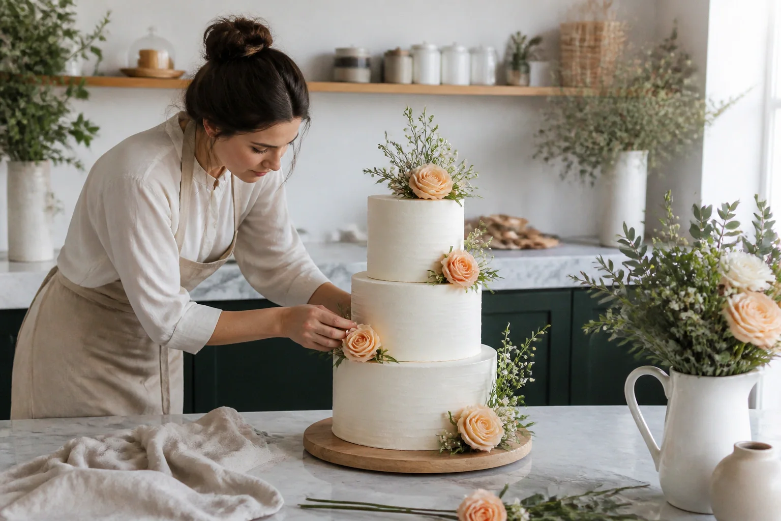 Gâteau de mariage préparé dans un atelier — illustration générée par IA