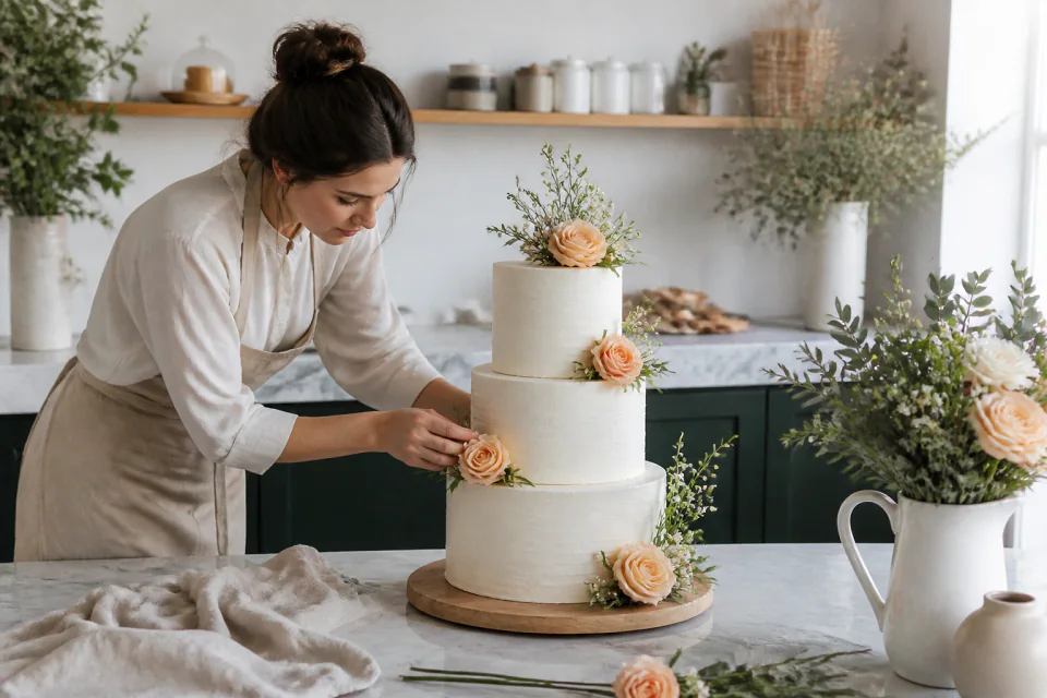 Gâteau de mariage préparé dans un atelier — illustration générée par IA
