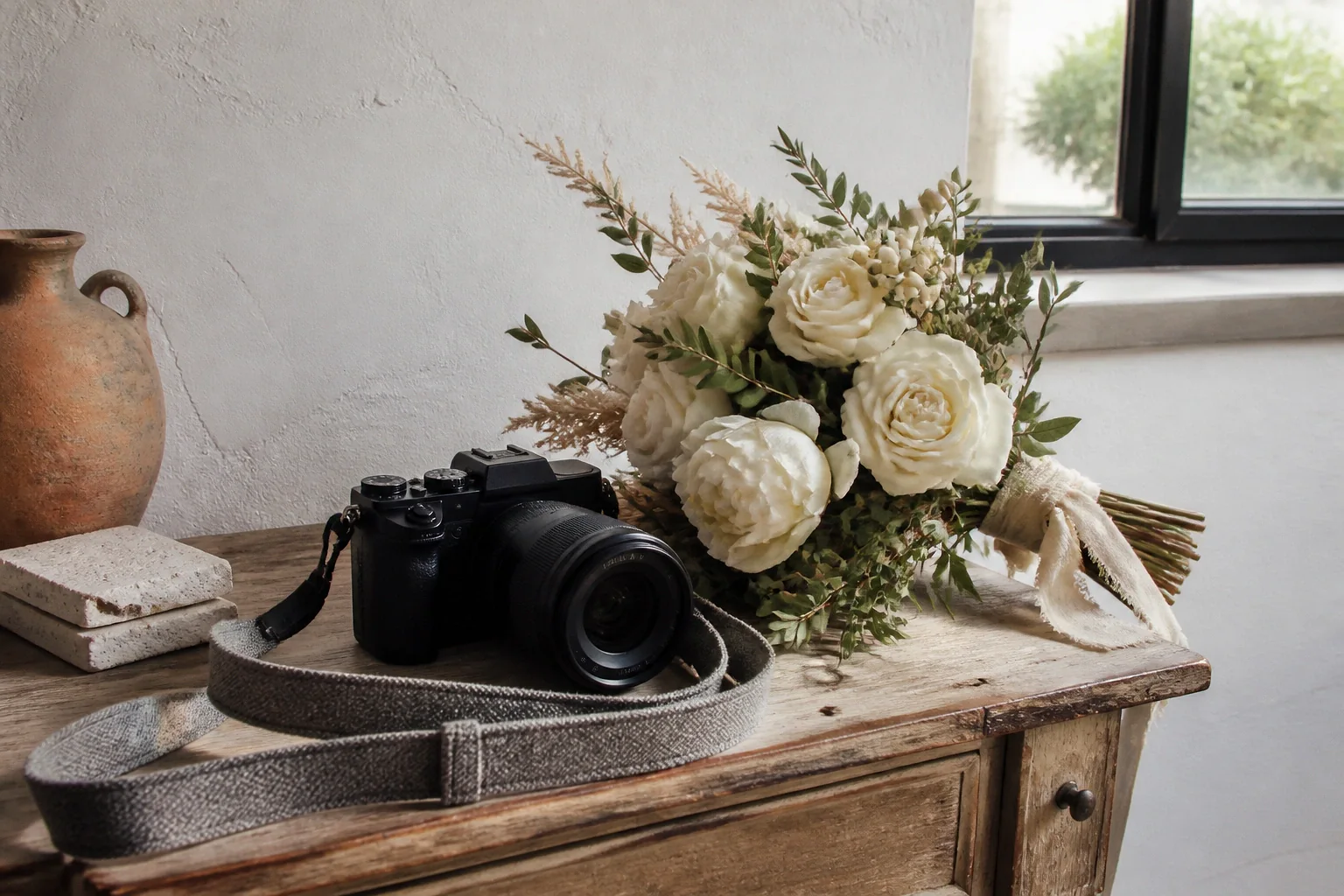 Appareil photo et accessoires de reportage de mariage — illustration générée par IA