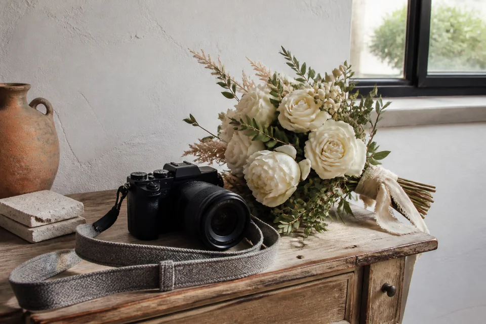 Appareil photo et accessoires de reportage de mariage — illustration générée par IA