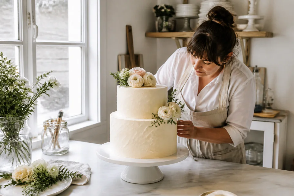 Gâteau de mariage préparé dans un atelier — illustration générée par IA