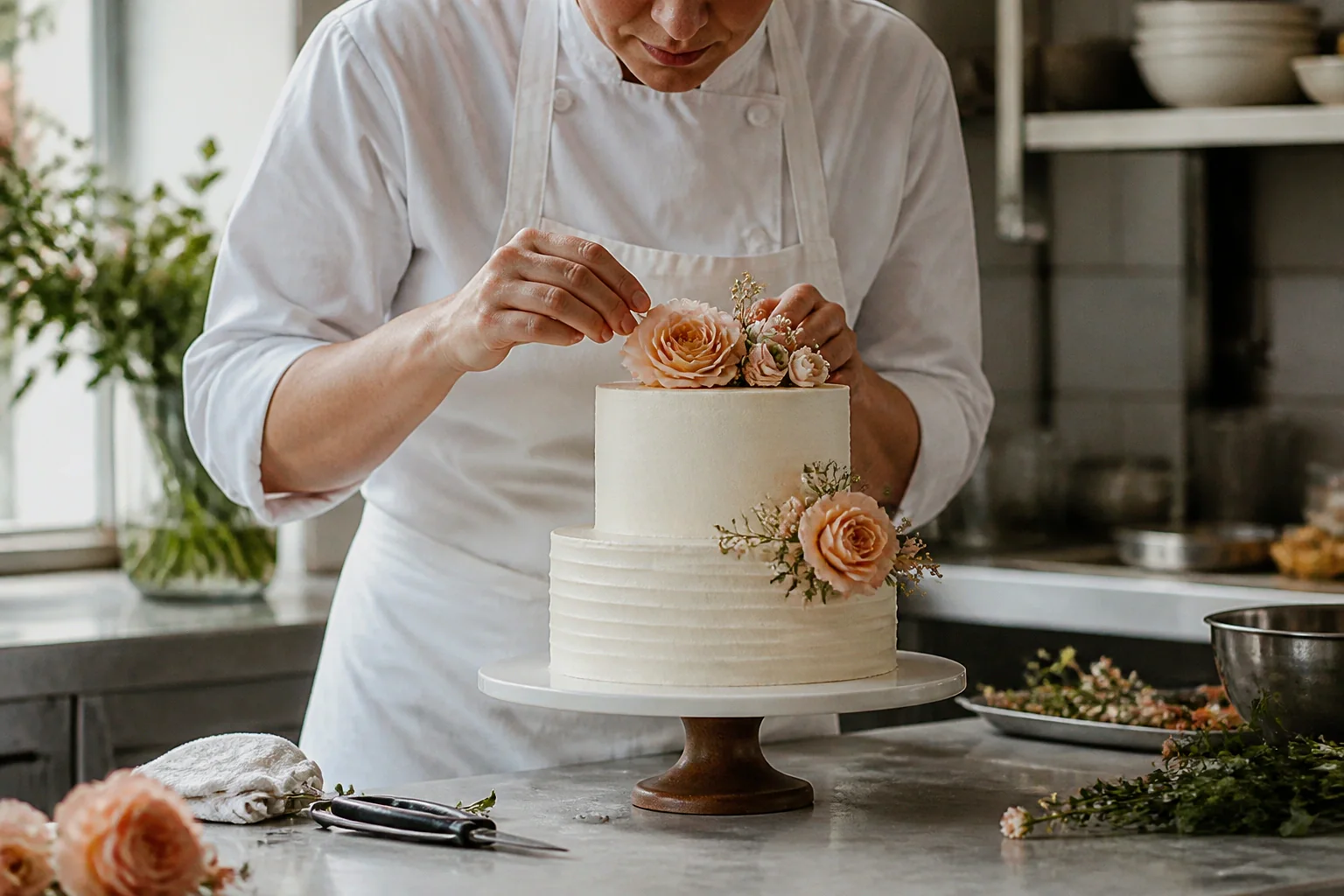 Gâteau de mariage préparé dans un atelier — illustration générée par IA