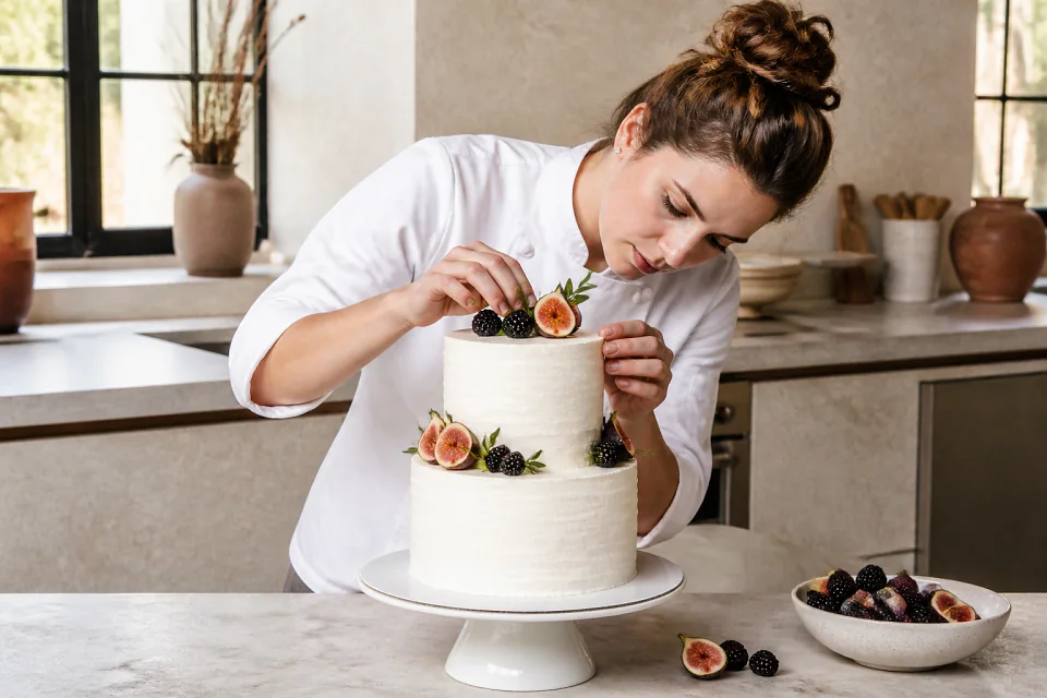 Gâteau de mariage préparé dans un atelier — illustration générée par IA