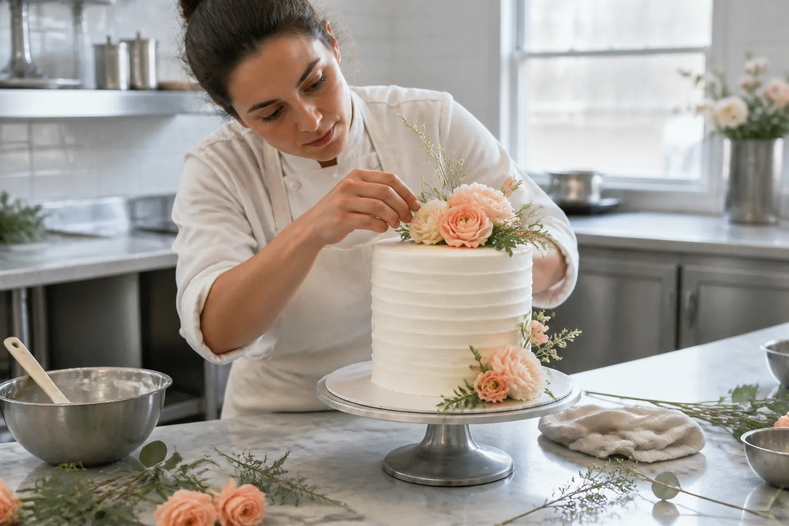 Gâteau de mariage préparé dans un atelier — illustration générée par IA