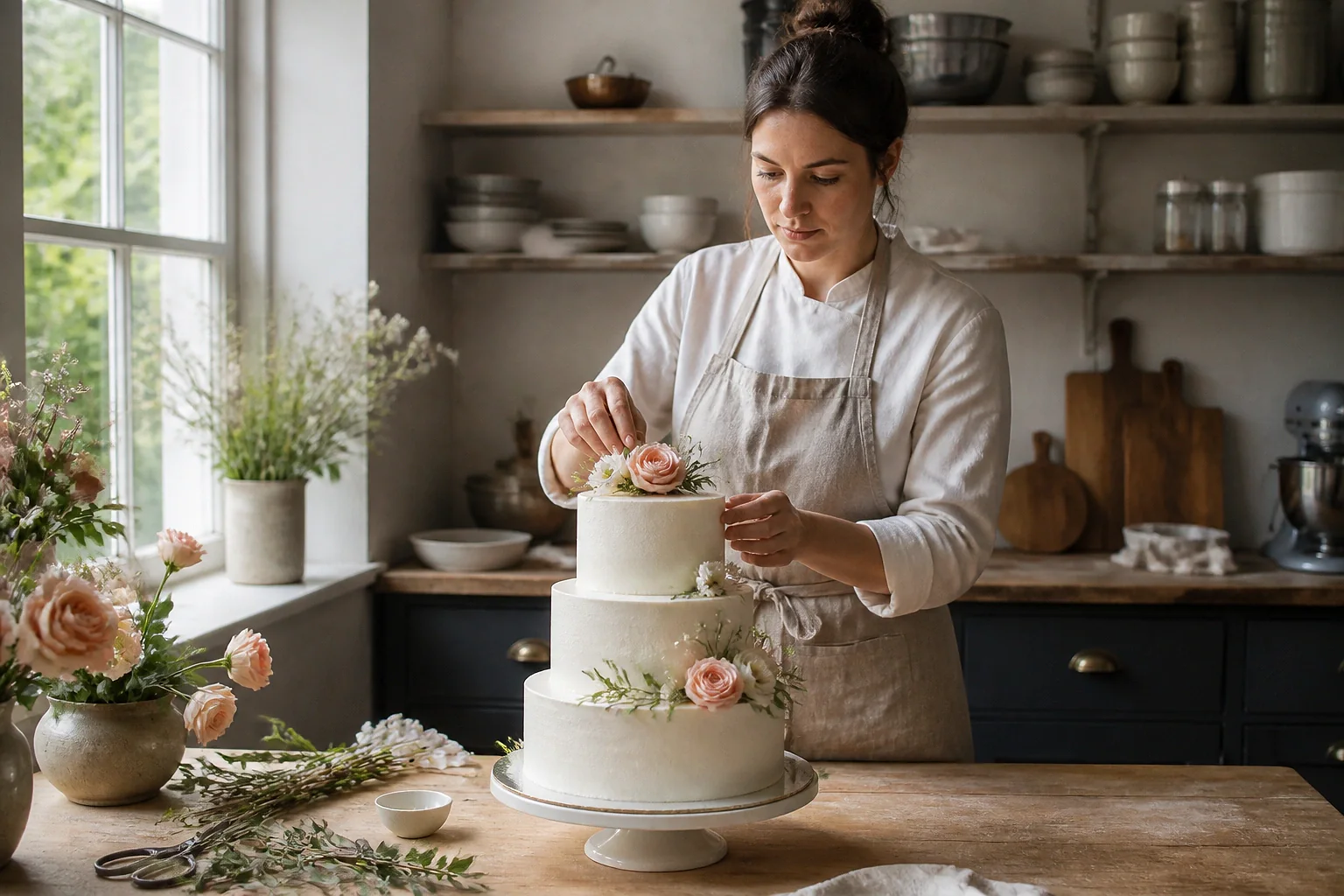 Gâteau de mariage préparé dans un atelier — illustration générée par IA