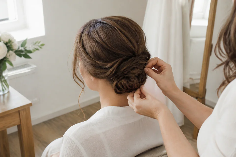 Coiffure de cérémonie vue pendant la préparation — illustration générée par IA
