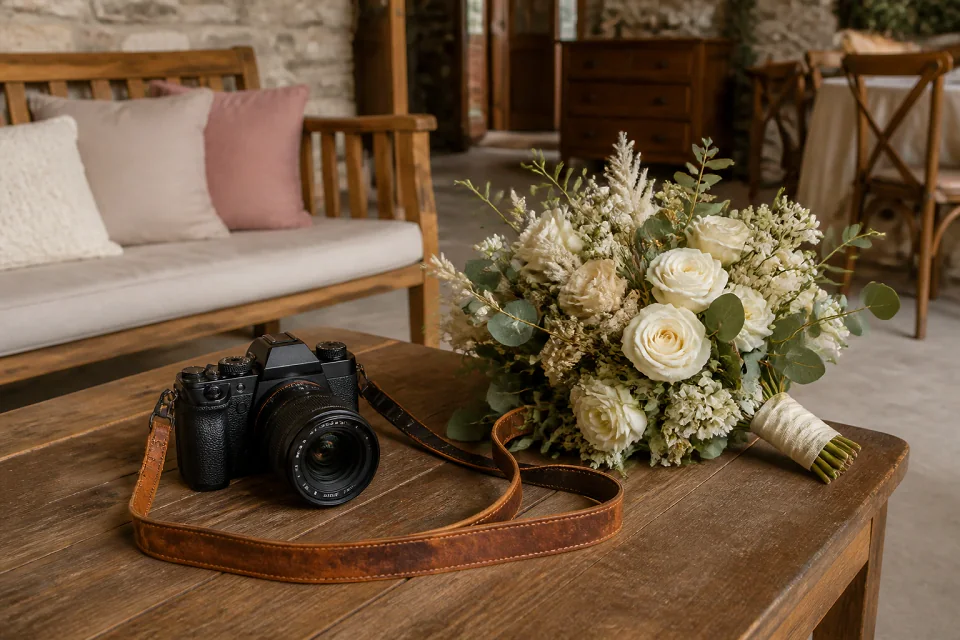 Appareil photo et accessoires de reportage de mariage — illustration générée par IA