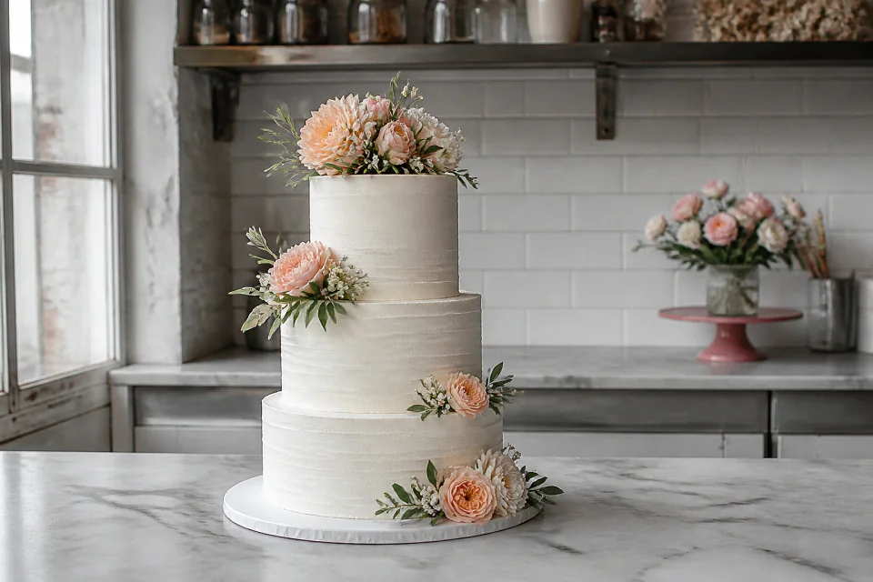 Gâteau de mariage préparé dans un atelier — illustration générée par IA