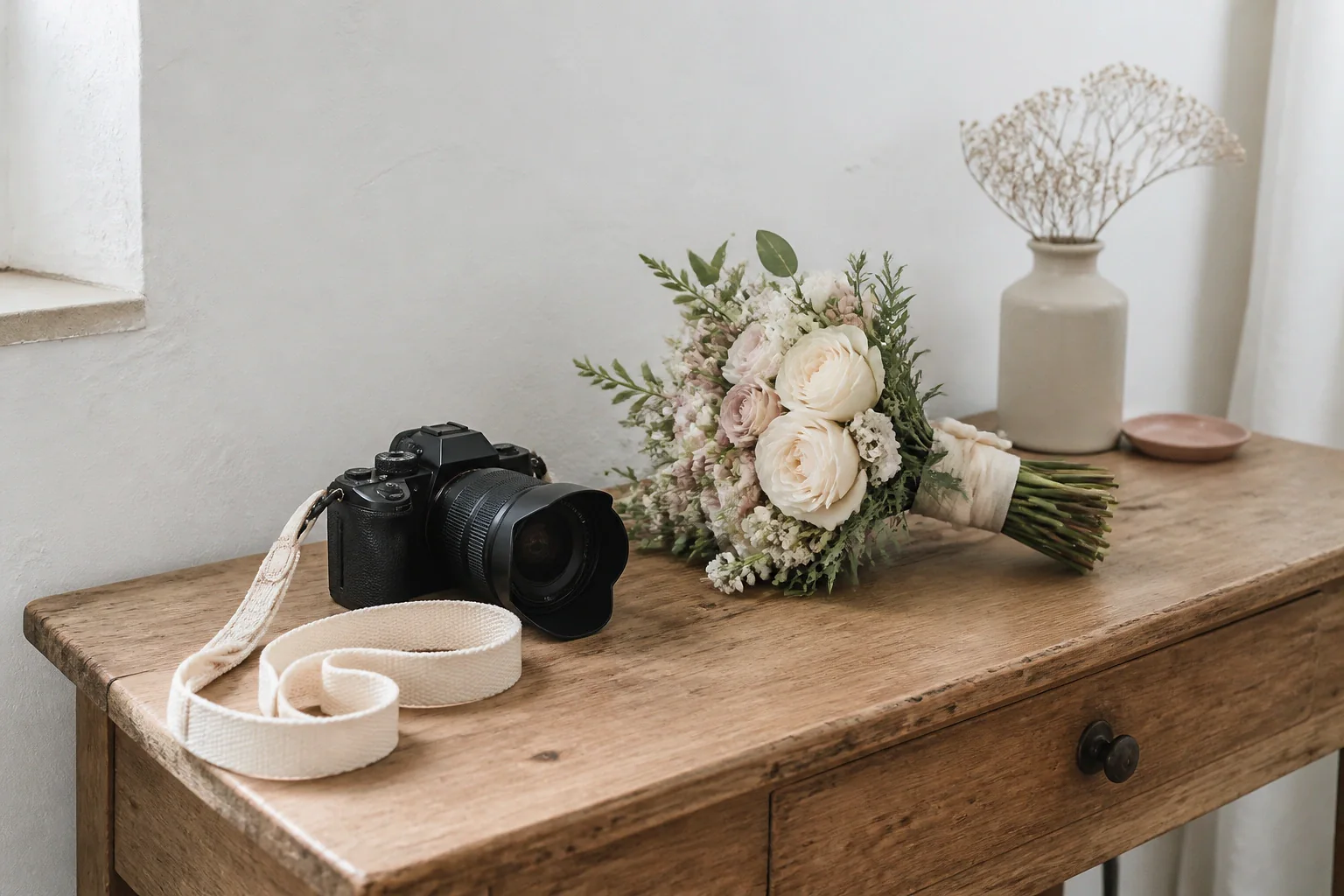 Appareil photo et accessoires de reportage de mariage — illustration générée par IA