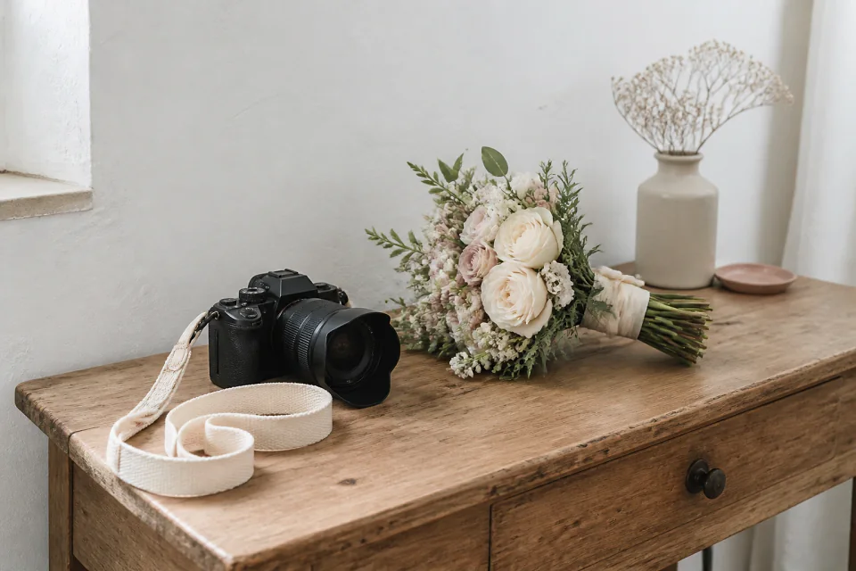 Appareil photo et accessoires de reportage de mariage — illustration générée par IA