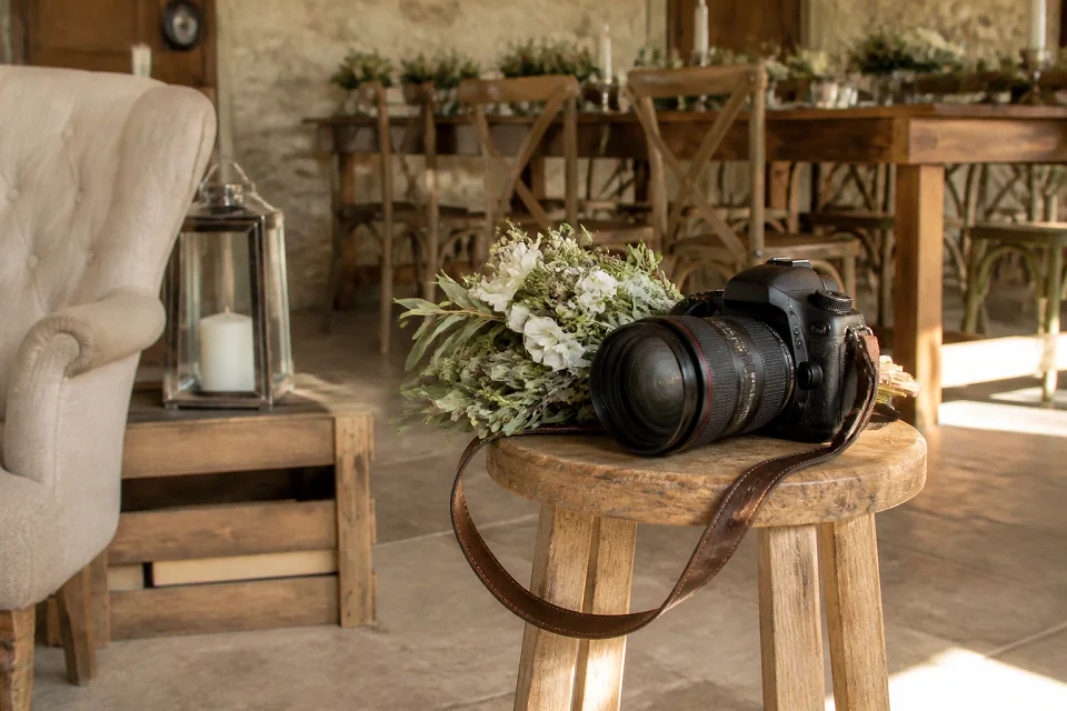 Appareil photo et accessoires de reportage de mariage — illustration générée par IA