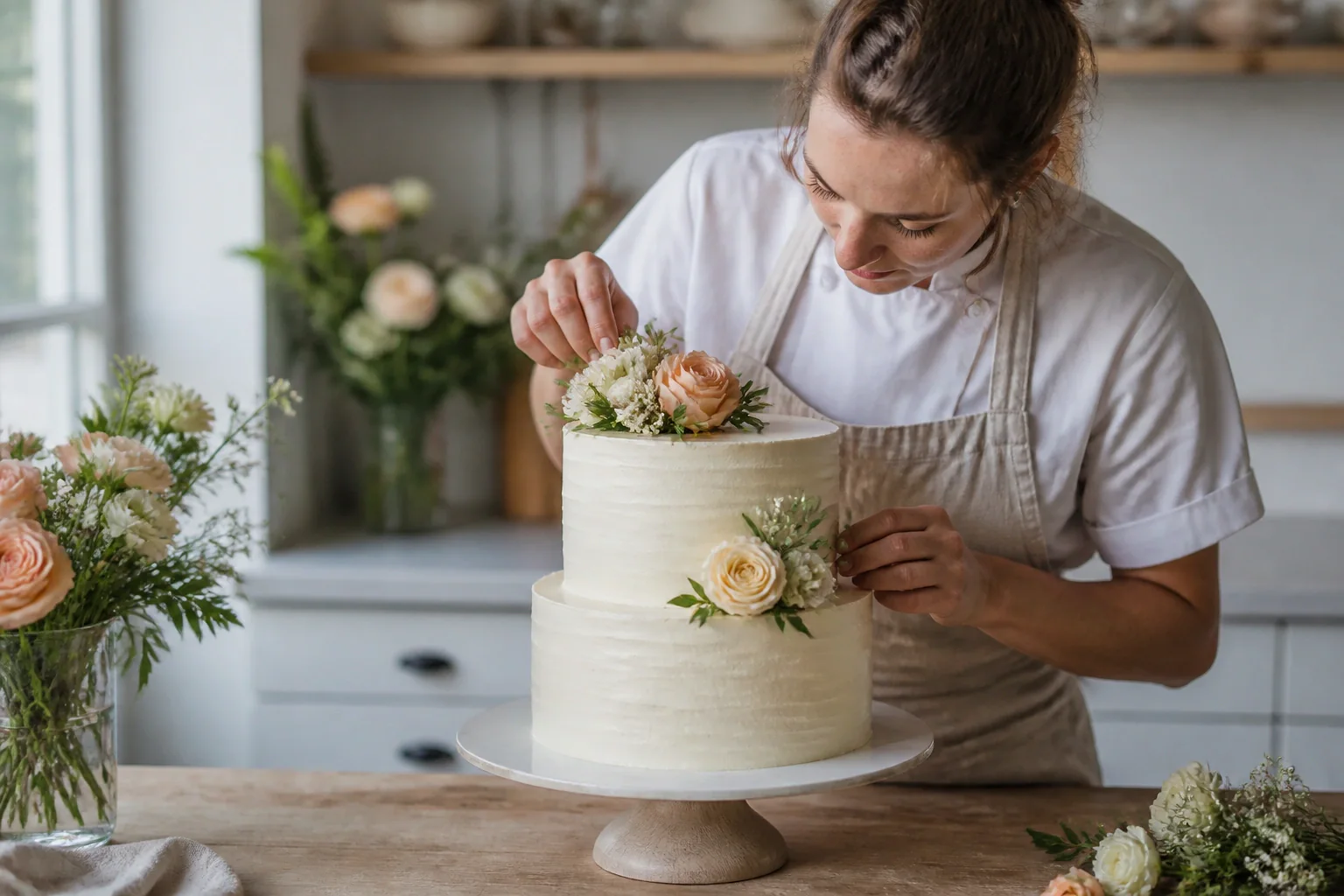 Gâteau de mariage préparé dans un atelier — illustration générée par IA