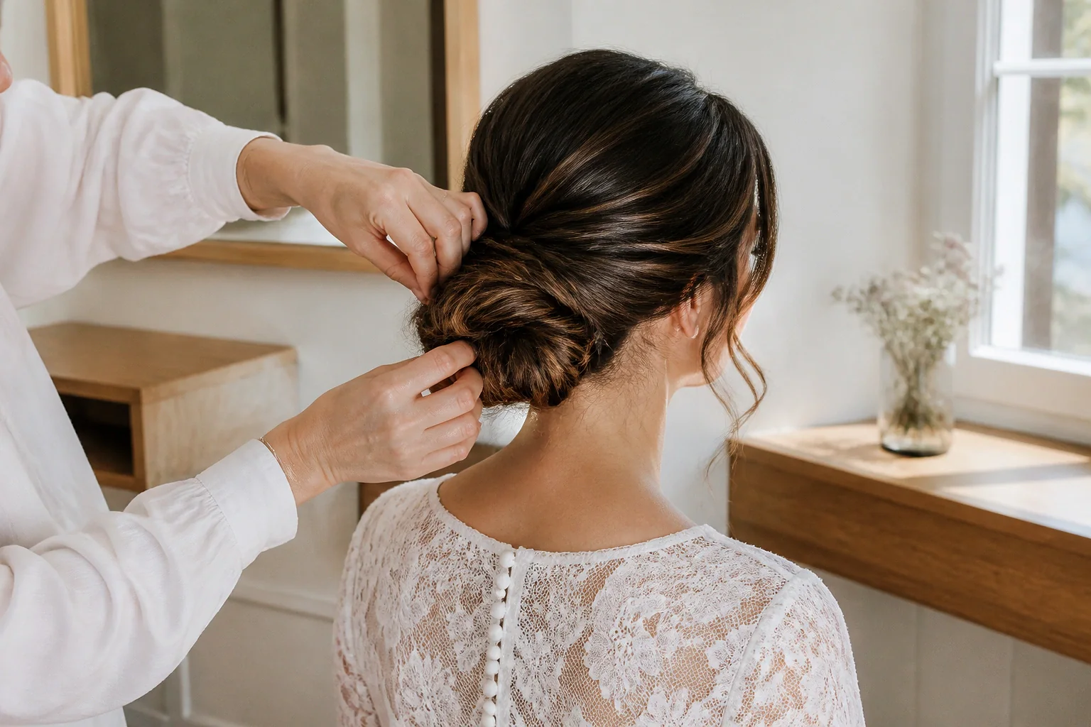 Coiffure de cérémonie vue pendant la préparation — illustration générée par IA