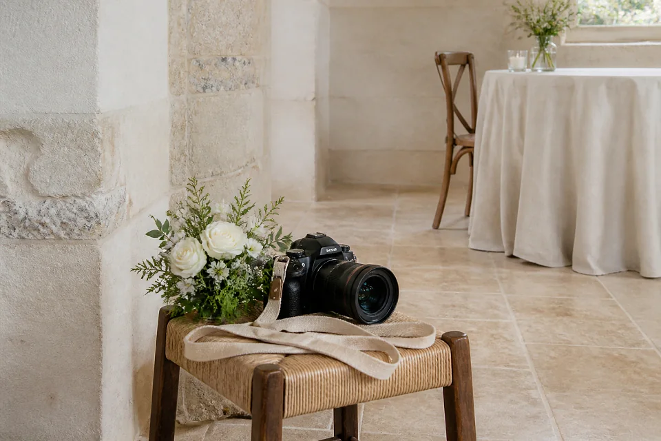 Appareil photo et accessoires de reportage de mariage — illustration générée par IA