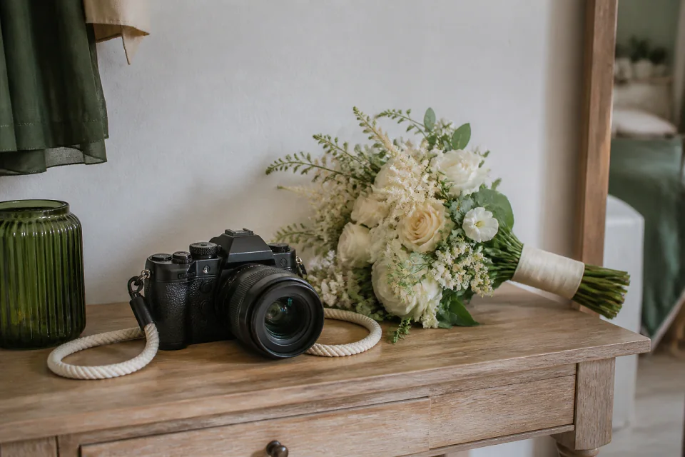 Appareil photo et accessoires de reportage de mariage — illustration générée par IA