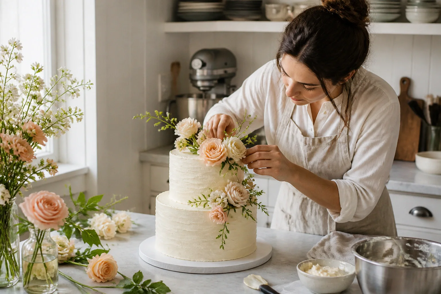 Gâteau de mariage préparé dans un atelier — illustration générée par IA