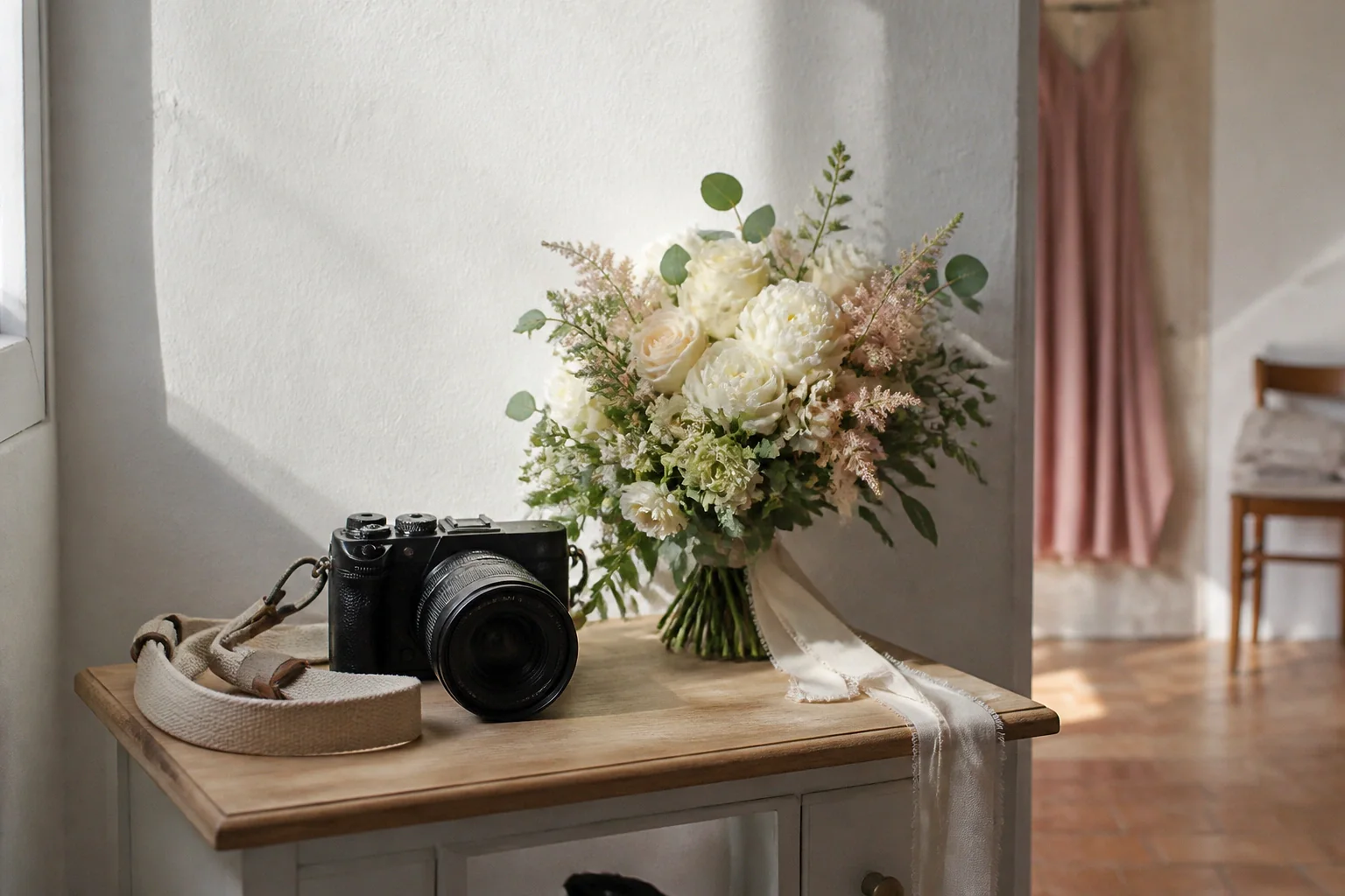 Appareil photo et accessoires de reportage de mariage — illustration générée par IA