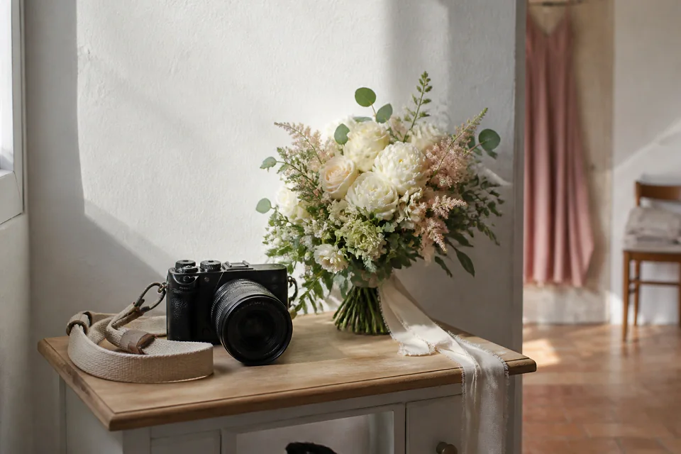 Appareil photo et accessoires de reportage de mariage — illustration générée par IA