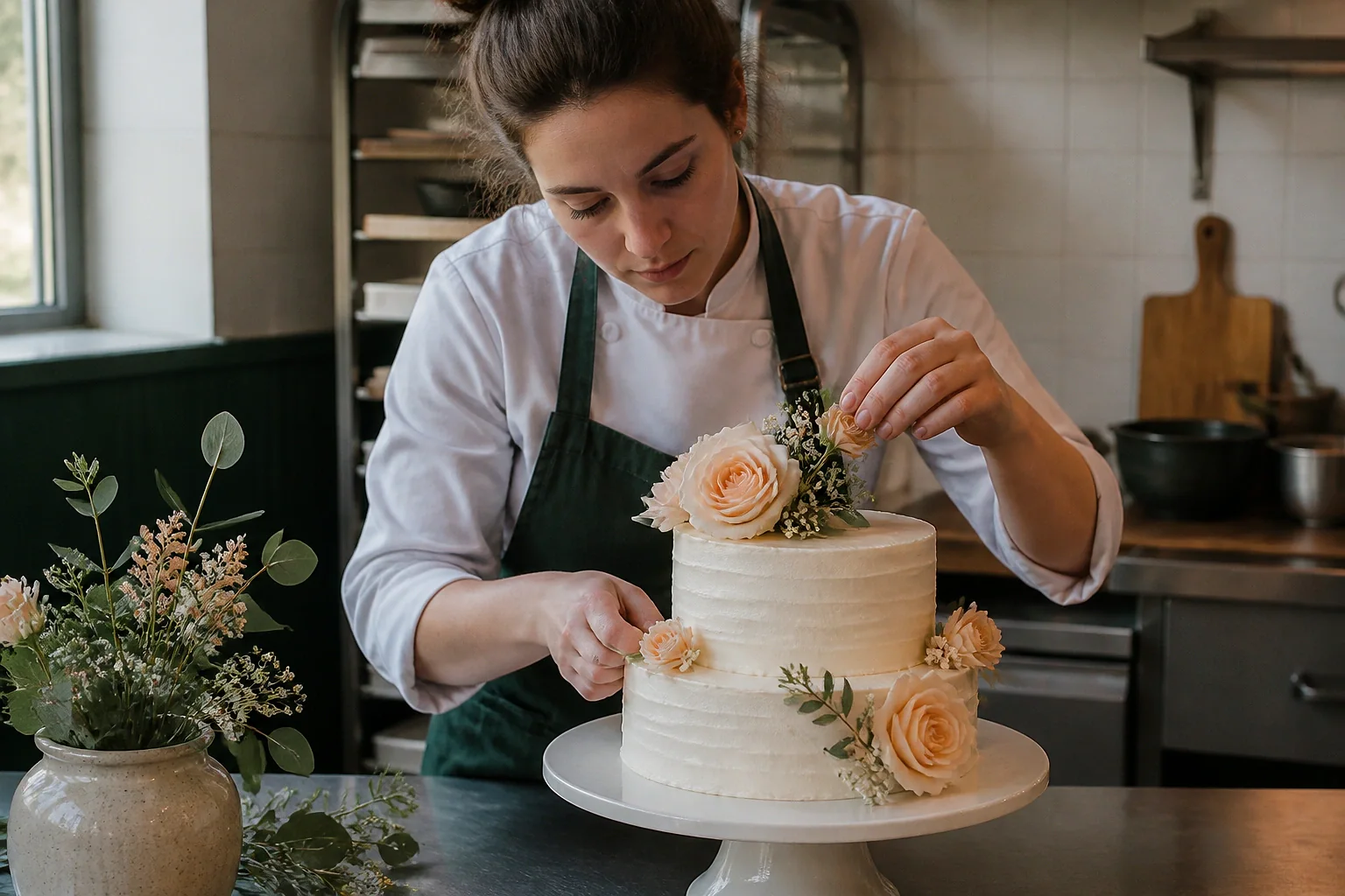 Gâteau de mariage préparé dans un atelier — illustration générée par IA