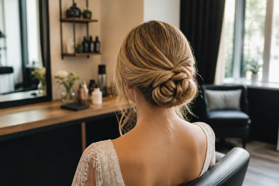 Coiffure de cérémonie vue pendant la préparation — illustration générée par IA