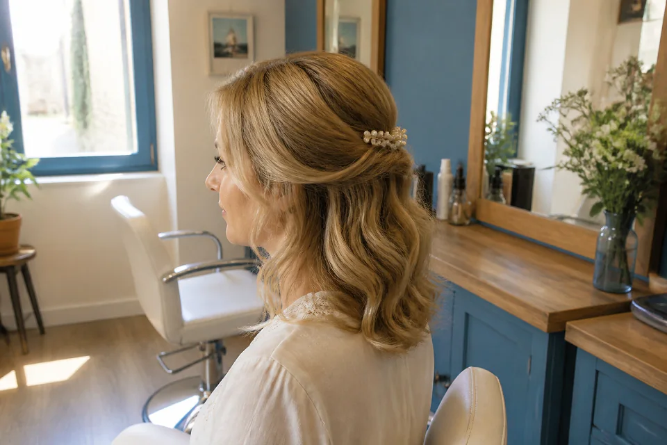 Coiffure de cérémonie vue pendant la préparation — illustration générée par IA