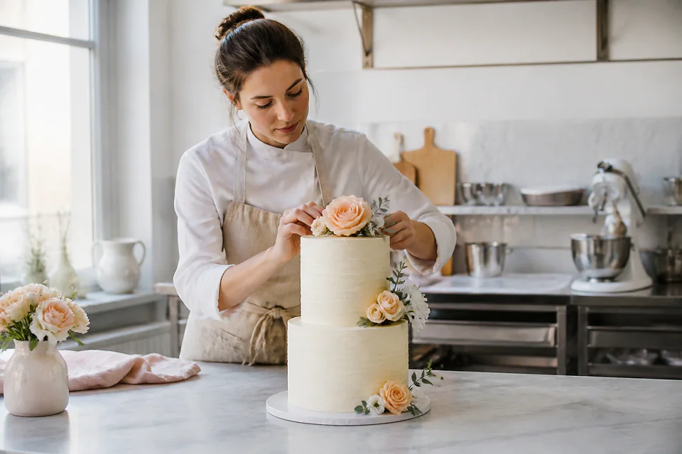 Gâteau de mariage préparé dans un atelier — illustration générée par IA